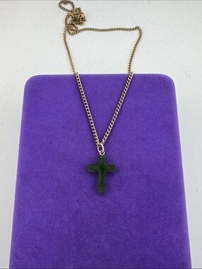 💛 Vintage Gold Plated BC Jade Cross Necklace
